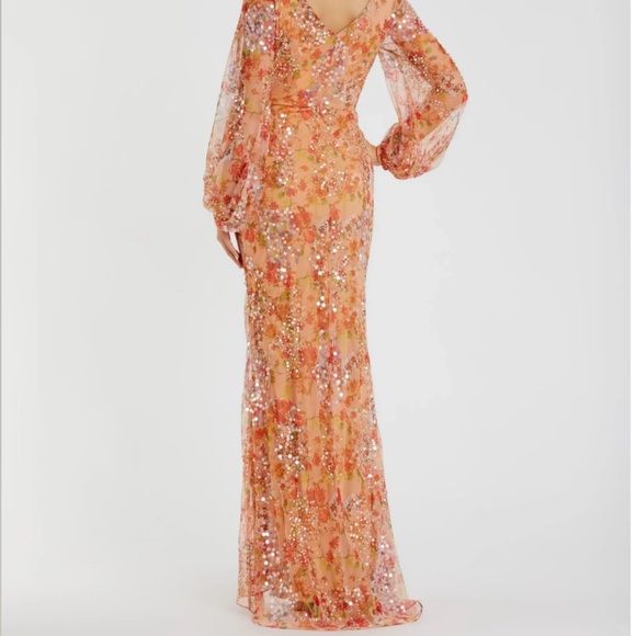 MAC DUGGAL 93547 FLORAL SEQUIND PUFF SLEEVE THIGH SLIT APRICOT GOWN sz 8 - Picture 4 of 5